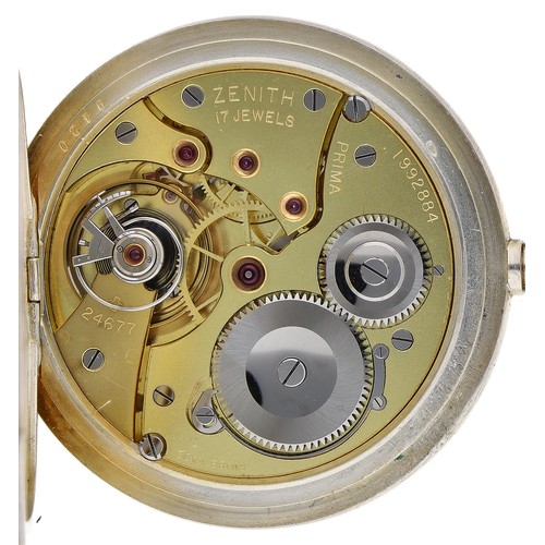 389 - Zenith Prima silver gilt (0.935) lever hunter pocket watch, signed gilt frosted 17 jewel movement, n... 