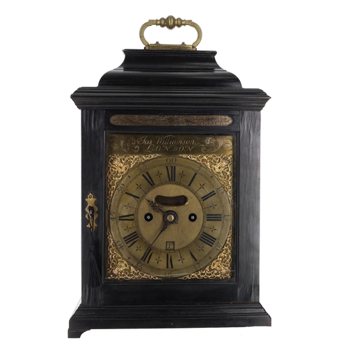 1229 - Jos Williamson, London - Early 18th century English ebonised double fusee verge bracket clock, the s... 