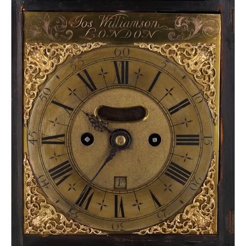 1229 - Jos Williamson, London - Early 18th century English ebonised double fusee verge bracket clock, the s... 