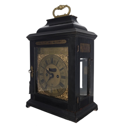 1229 - Jos Williamson, London - Early 18th century English ebonised double fusee verge bracket clock, the s... 