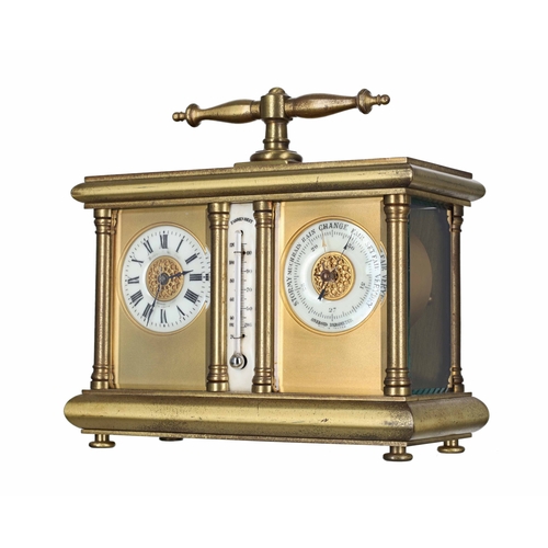 1036 - Early 20th century French desk compendium, mounted with a carriage clock timepiece and barometer, wi... 