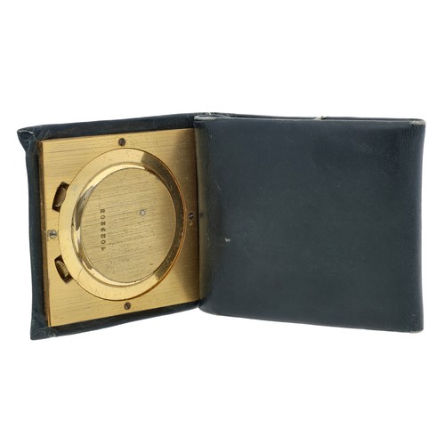 387 - Jaeger-LeCoultre square gilt metal travel alarm timepiece, signed champagne dial with minute track a... 
