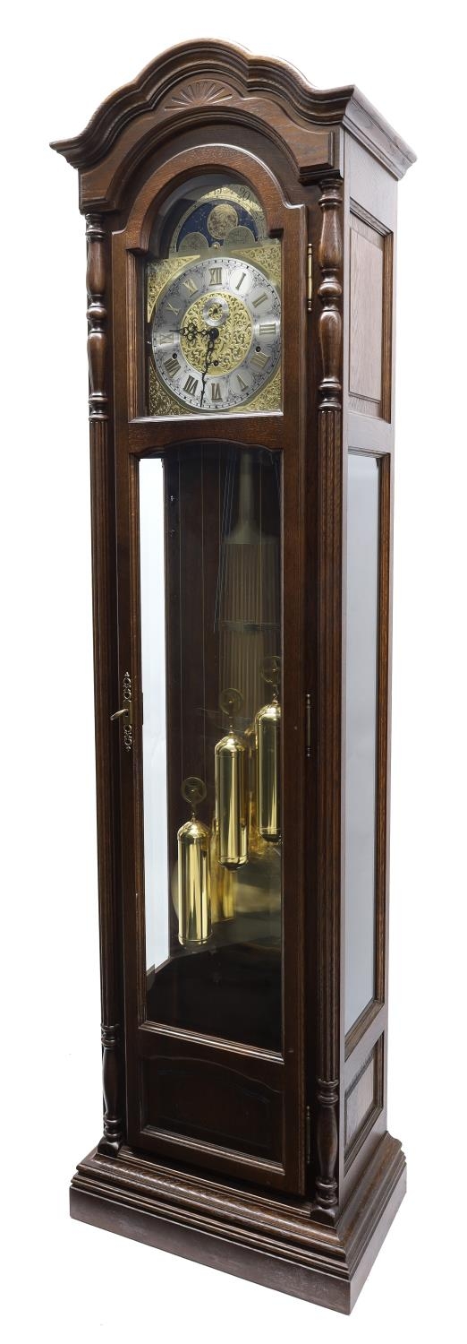 Good contemporary three train oak cased longcase clock by Interclock of ...