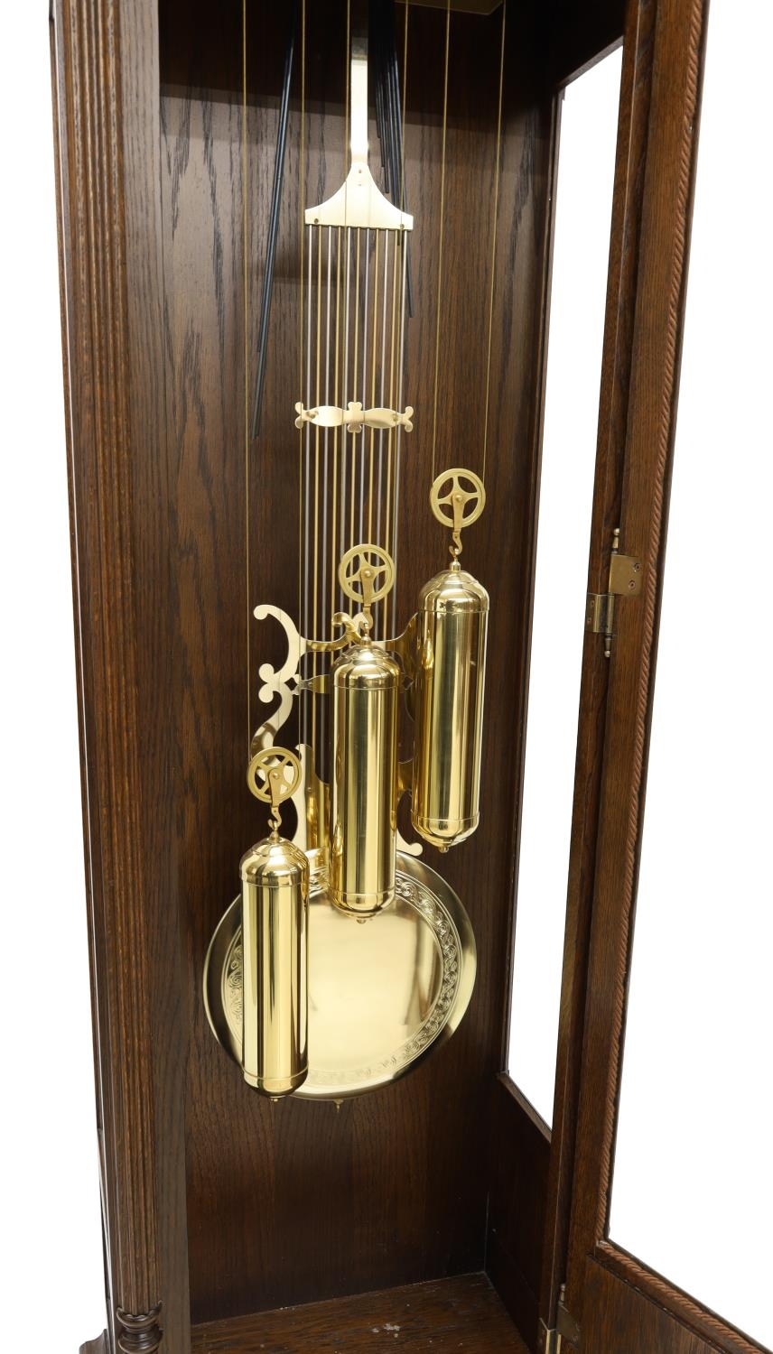 Good contemporary three train oak cased longcase clock by Interclock of ...