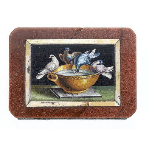 19th century Italian aventurine, silver mounted and micro-mosaic box, the hinged cover with canted corners, inset with a rectangular panel of Pliny's doves, the inner edge marked C62 and with crossed keys mark, the top 3.35" x 2.4"
