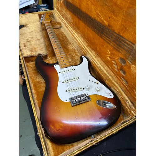 6 - 1959 Fender Stratocaster electric guitar, made in USA; Body: three-tone sunburst finished alder, som... 