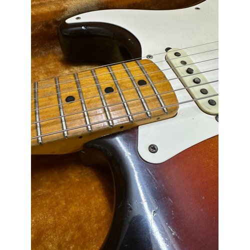 6 - 1959 Fender Stratocaster electric guitar, made in USA; Body: three-tone sunburst finished alder, som... 