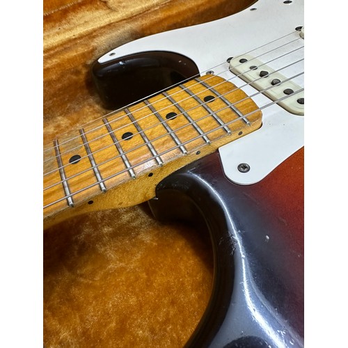 6 - 1959 Fender Stratocaster electric guitar, made in USA; Body: three-tone sunburst finished alder, som... 