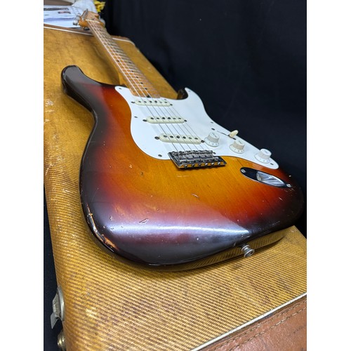 6 - 1959 Fender Stratocaster electric guitar, made in USA; Body: three-tone sunburst finished alder, som... 