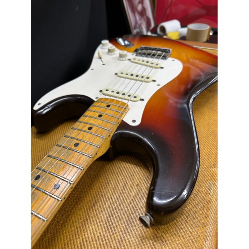6 - 1959 Fender Stratocaster electric guitar, made in USA; Body: three-tone sunburst finished alder, som... 