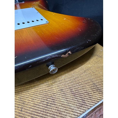 6 - 1959 Fender Stratocaster electric guitar, made in USA; Body: three-tone sunburst finished alder, som... 