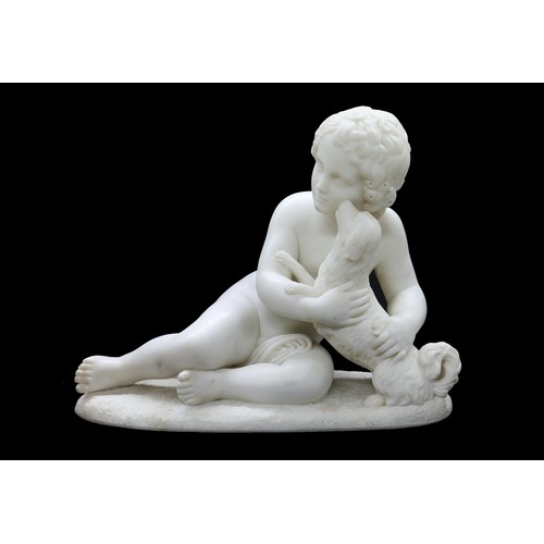 Late 19th century carved marble figure depicting a recumbent youth with a terrier, on oval naturalistic base, 14.25" x 19" long