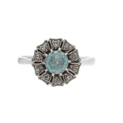 30 - 18ct white gold aquamarine and diamond cluster ring, the aquamarine 0.50ct approx, 11mm diameter, 3.... 
