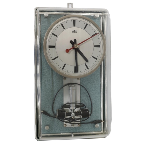 Léon Hatot ATO electric wall clock, circa 1950s, 8" silver dial with red centre seconds hand, master clock contacts to drive ATO slave dials, metal case with plastic cover, circa 1950s, 18" x 10", depth 4"
