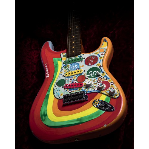 2021 Fender Custom Shop George Harrison Rocky Masterbuilt Stratocaster electric guitar, made in USA; Body: custom Rocky replica paintwork; Neck: birds eye maple with accurate relicing; Fretboard: rosewood; Frets: good; Electrics: working, Custom Shop Abigail Ybarra pickups; Hardware: good; Case: original hard case; Overall condition: excellent