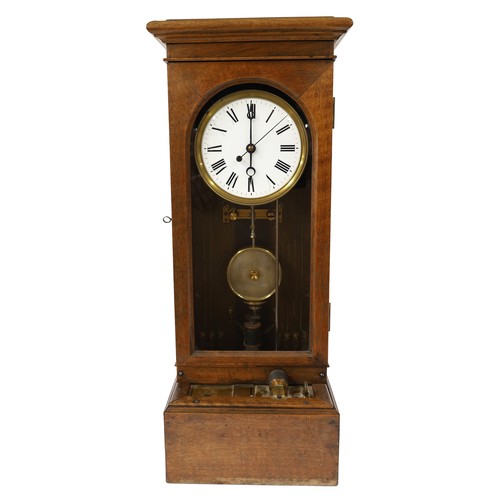 Rare late 19th/early 20th century electro mechanical recording chronograph by Peyer Favarger & Co. of Neuchâtel, Switzerland, 5.25” white enamel centre seconds dial with Roman numerals and blued steel hands, the movement features a Hipp-toggle pendulum escapement, housed in a mahogany case with a glazed front door, 25.5" high, 11" wide, base depth 8.25" (with the original signed pendulum)