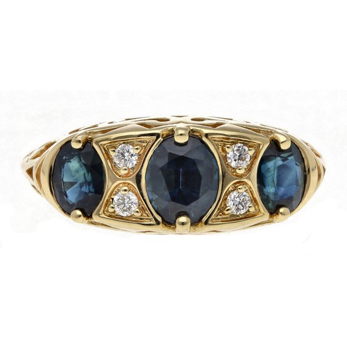 48 - Victorian style 18ct yellow gold sapphire and diamond scroll set ring, consisting of three oval sapp... 