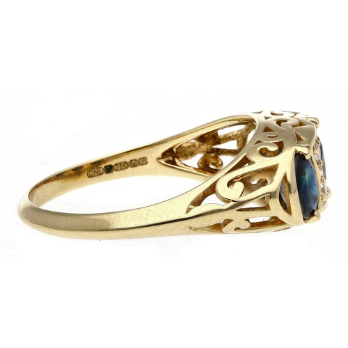 48 - Victorian style 18ct yellow gold sapphire and diamond scroll set ring, consisting of three oval sapp... 