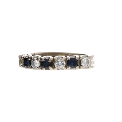 49 - 18ct white gold sapphire and diamond seven stone ring, round brilliant-cuts, width 3.5mm, 4.36gm, ri... 