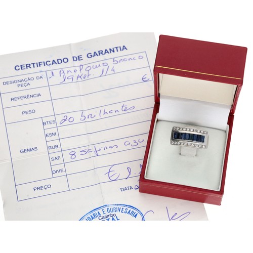64 - Modern white gold sapphire and diamond ring, Portuguese 800 stamped mark (80%), the baguette sapphir... 