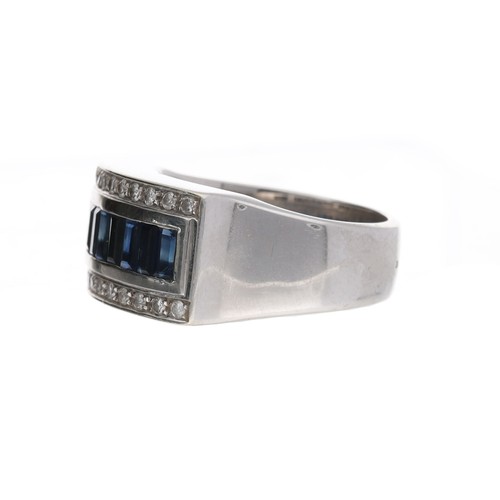 64 - Modern white gold sapphire and diamond ring, Portuguese 800 stamped mark (80%), the baguette sapphir... 