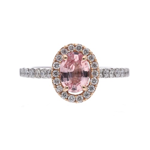 22 - GIA Certified attractive pink sapphire and diamond white metal cluster ring with set shoulders, the ... 