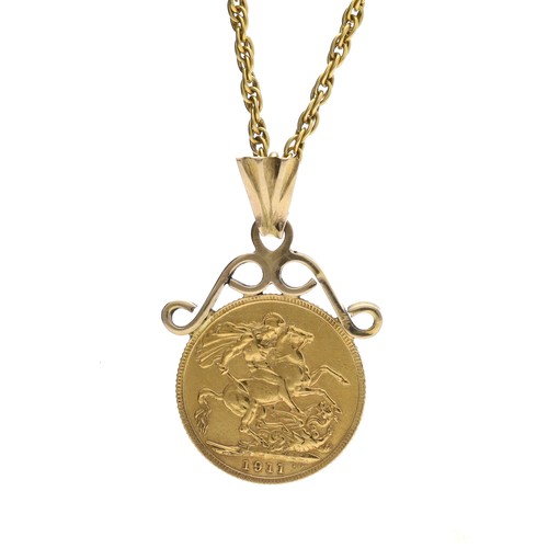 23 - George V 1911 full sovereign coin on a 9ct mount and necklace, 18.7gm in total
