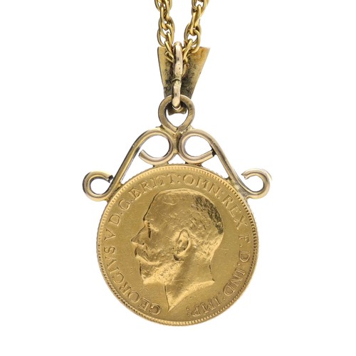 23 - George V 1911 full sovereign coin on a 9ct mount and necklace, 18.7gm in total