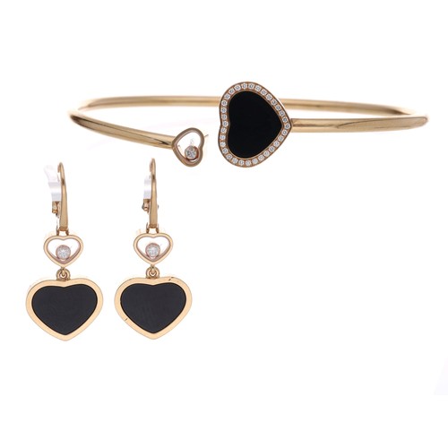 45 - Chopard Happy Hearts 18ct rose gold black onyx and diamond bangle and earring set, the bangle with f... 