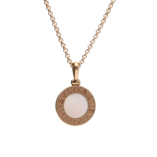 34 - Bvlgari 18ct rose gold mother of pearl pendant necklace and earring set, the necklace with pendant, ... 
