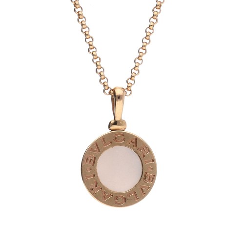 34 - Bvlgari 18ct rose gold mother of pearl pendant necklace and earring set, the necklace with pendant, ... 