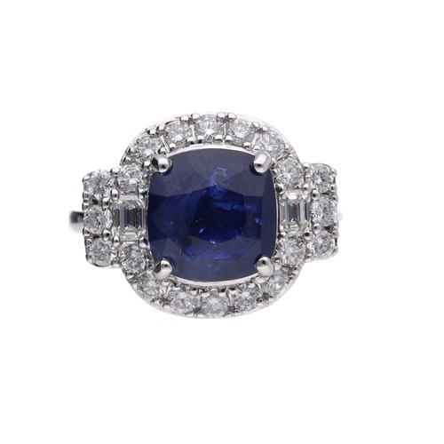 37 - Impressive certificated 18ct white gold cushion sapphire and mixed-cut diamond cluster ring, the sap... 
