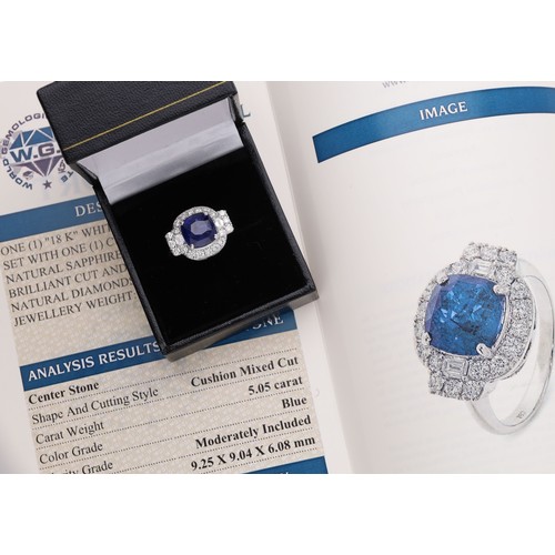 37 - Impressive certificated 18ct white gold cushion sapphire and mixed-cut diamond cluster ring, the sap... 