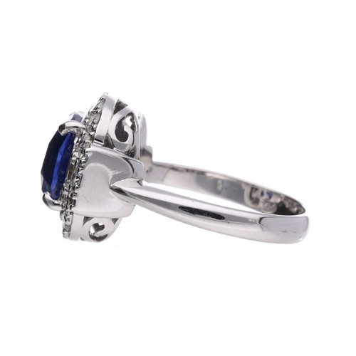 37 - Impressive certificated 18ct white gold cushion sapphire and mixed-cut diamond cluster ring, the sap... 