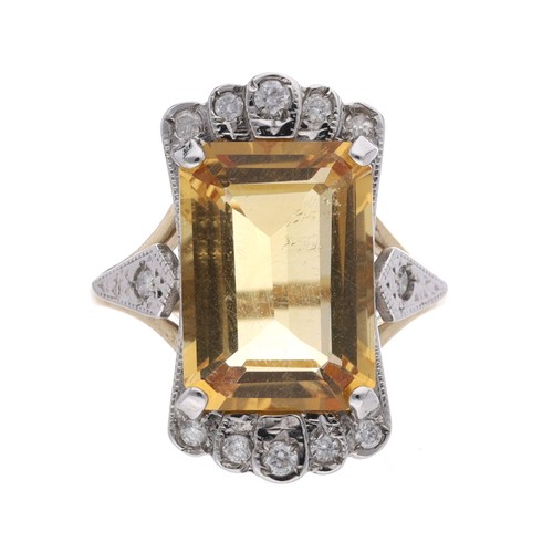 41 - Attractive 9ct bicolour citrine and diamond dress ring, the citrine 11.50ct, the diamonds 0.24ct in ... 