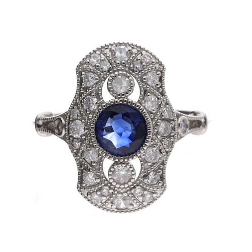 44 - Art Deco style platinum round sapphire and diamonds dress ring, the sapphire 0.66ct approx, in a sty... 