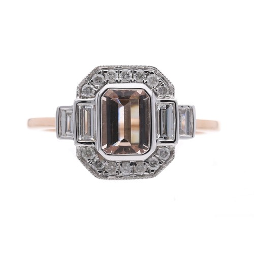 56 - Pretty 9ct rose and white gold Art Deco style ring, with a step-cut morganite 0.86ct, in a border of... 