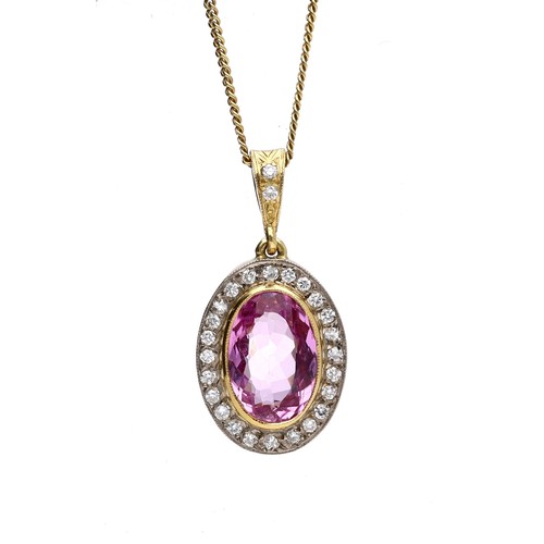 60 - 18ct yellow gold oval pendant set with pink topaz and diamonds on a yellow gold plated silver chain,... 