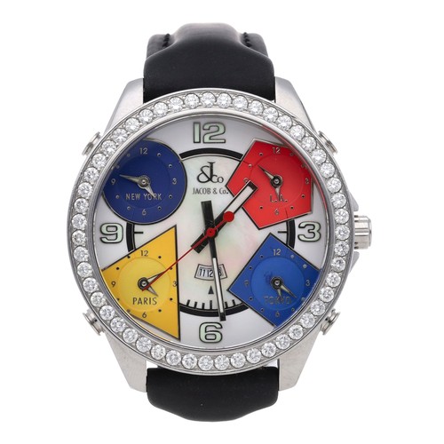 6 - Jacob & Co five time-zone diamond set stainless steel gentleman's wristwatch, no. 27x, mother of... 