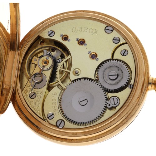 16 - Omega 18ct lever half hunter pocket watch, London 1919, signed gilt frosted movement, no. 4166860, w... 