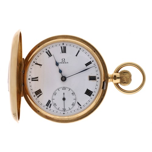 16 - Omega 18ct lever half hunter pocket watch, London 1919, signed gilt frosted movement, no. 4166860, w... 