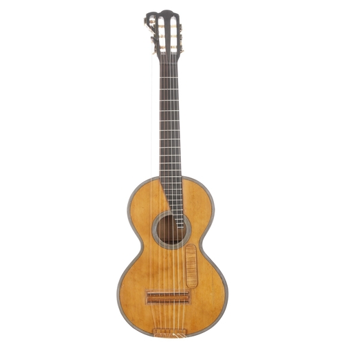  19th century guitar branded 'Valance' to the inner back, converted in the 19th century to a heptacord after the manner of Napoléon Coste; Back and sides: Brazilian rosewood, restored hairlines to both back and sides; Top: natural spruce with multi-string banding, restored hairlines and bridge/tail adaptations; Neck: ebonised; Fingerboard: ebony; Case: later Gator hard case plus original wooden case; Scale length: 630mm; Nut width: 50mm
