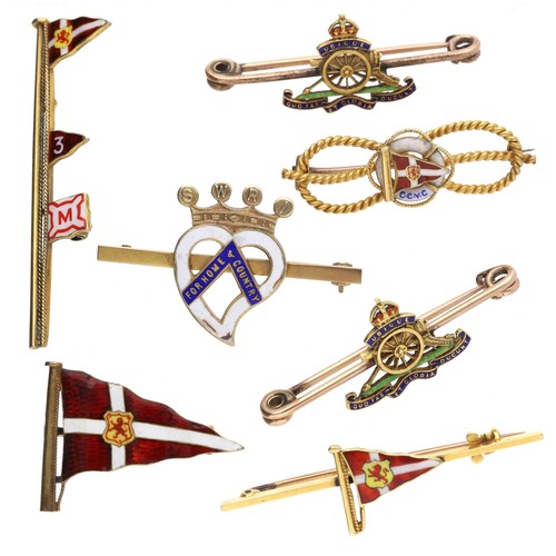 Assorted yachting and other brooches to include four badges relating to Clyde Corinthian Yacht club.