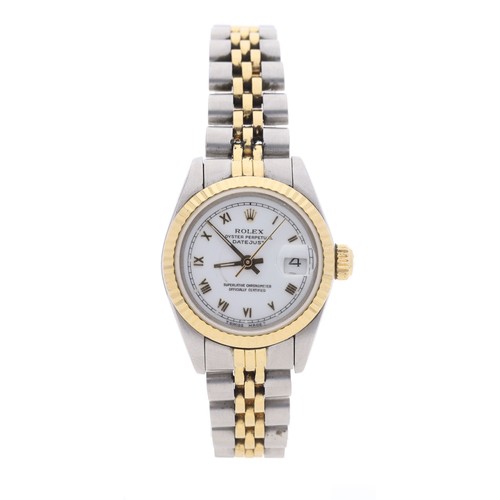 Rolex Oyster Perpetual Datejust stainless steel and gold lady's wristwatch, reference no. 69173, serial no. 8664xxx, circa 1985, white dial, gold fluted bezel, Jubilee stainless steel and gold bracelet, 26mm