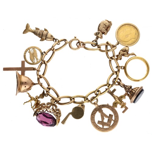 Good 18ct charm bracelet to include a 1907 half sovereign coin, hallmarked 22ct wedding band ring, twelve charms (mostly all 9ct), 76.5gm in total