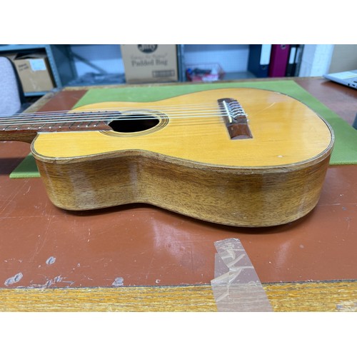 2426 - Roca Valencia small bodied nylon string guitar, made in Spain; some restorative work required; soft ... 