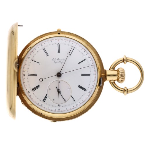 Jules Jurgensen, Copenhagen - fine and rare 18k foudroyante chronograph hunter pocket watch, no. 11162, circa 1868, signed nickel plated double barrel movement with gold train, lever escapement and compensated balance, polished steel regulator, signed white enamel dial with Roman numeral, outer minute markers, centre seconds with a subsidiary foudroyante 1/5th seconds dial activated by the rectangular-shaped push-piece located on the case-band at 12 o’clock, blued steel Breguet type moon hands, the numbered hunter case with signed cuvette and engine turned decoration, milled band, 152.2gm, 54mm   