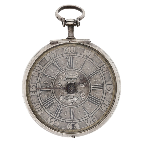 Thomas Tompion, London - Fine English verge pocket watch, No.4118, signed deep fusee movement with a pierced and engraved winged balance cock, steel three-arm balance, silvered regulating disc and tulip pillars, later engraved silver champlevé Roman and Arabic numeral dial with outer engraved rim, blued steel beetle and poker hands, white metal case, 50mm