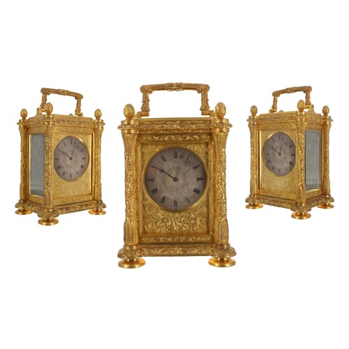 James McCabe, Royal Exchange - exceptional 19th century engraved ormolu chronometer carriage clock timepiece, no. 2268, circa 1840, the 2.5"circular silvered dial with Roman numerals enclosing an engraved centre, with fine blued steel trefoil hands, full gilt platform with engraved escape wheel bridge, diamond endstone, bi-metallic cut compensated balance with twelve timing screws, Earnshaw spring detent escapement with single fusee movement and maintaining power, the back plate signed James McCabe, Royal Exchange, London No. 2268, the impressive ornate cast glazed case engraved throughout with foliage and scrolls surmounted by a carrying handle and four berried finials, the sides each with a silvered foliate engraved panel, the hinged back door with an engraved foliate panel within a border, on shaped base and four bun feet, the underside edge of the back door stamped 'CLARKE', and again on the inner underside of the base plate, numbered 1264 to the underside base plate, 8" high with the handle raised (with key)