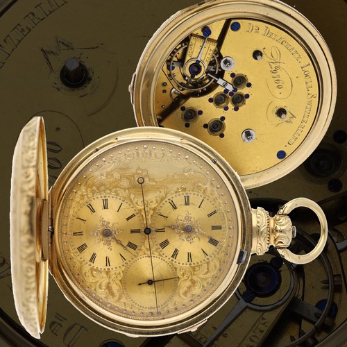 Delachaux, Locle,  Switzerland - a fine and rare 19th century 18ct dual time zone full hunter pocket watch with centre seconds, retailed by Barick Cornell of New York, circa 1860, no. 9760, signed three-quarter plate dual-movement with cut and compensated balance and regulator to the cock, finely engraved dial depicting a country scene with dual Roman numeral chapters for separate time zones, subsidiary seconds dial and a centre seconds hand, the cuvette with retailer inscription, the case with a milled centre band and fine foliate engraving depicting horse chariots to the front cover, case maker 'J&C', 160.2gm, 58mm 